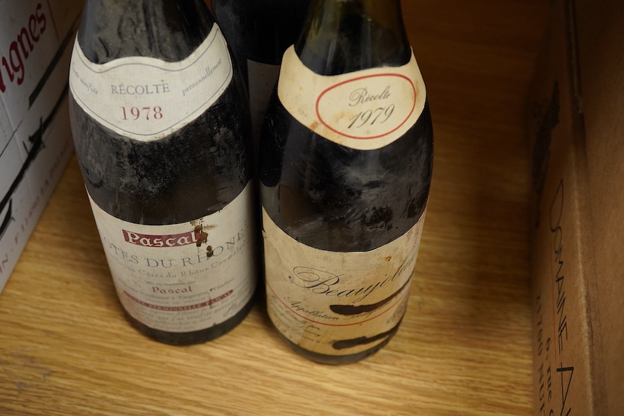 Nine bottles of wine; three Chateau Lavergne Bordeaux Superieur 1979, Beaune 1974, Côtes du Rhône 1978, Beaujolais 1979, etc.